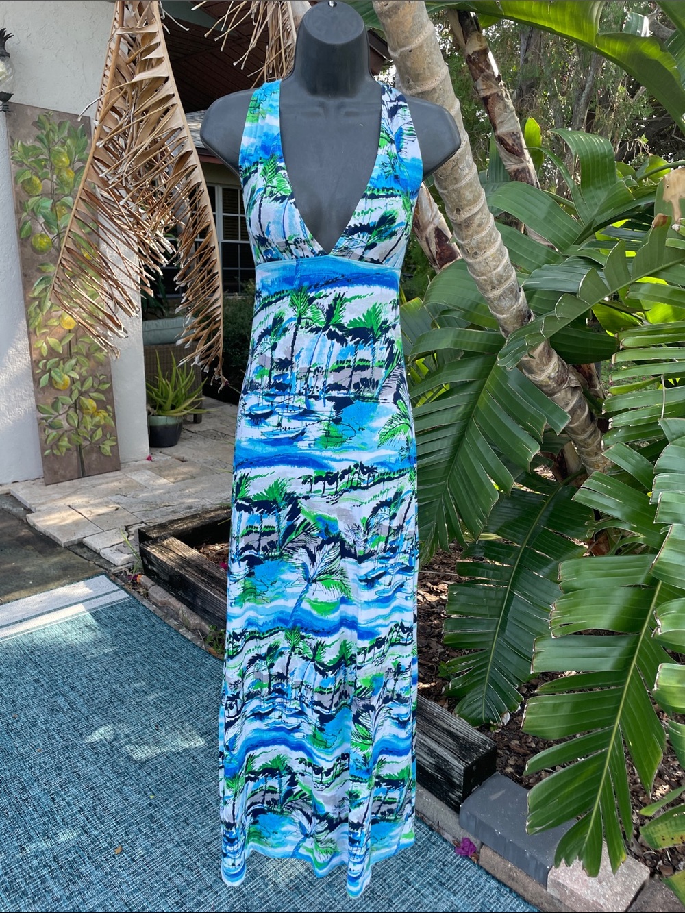 Tommy Bahama coastal maxi dress featuring a tropical boating  landscape - Picture 3 of 9